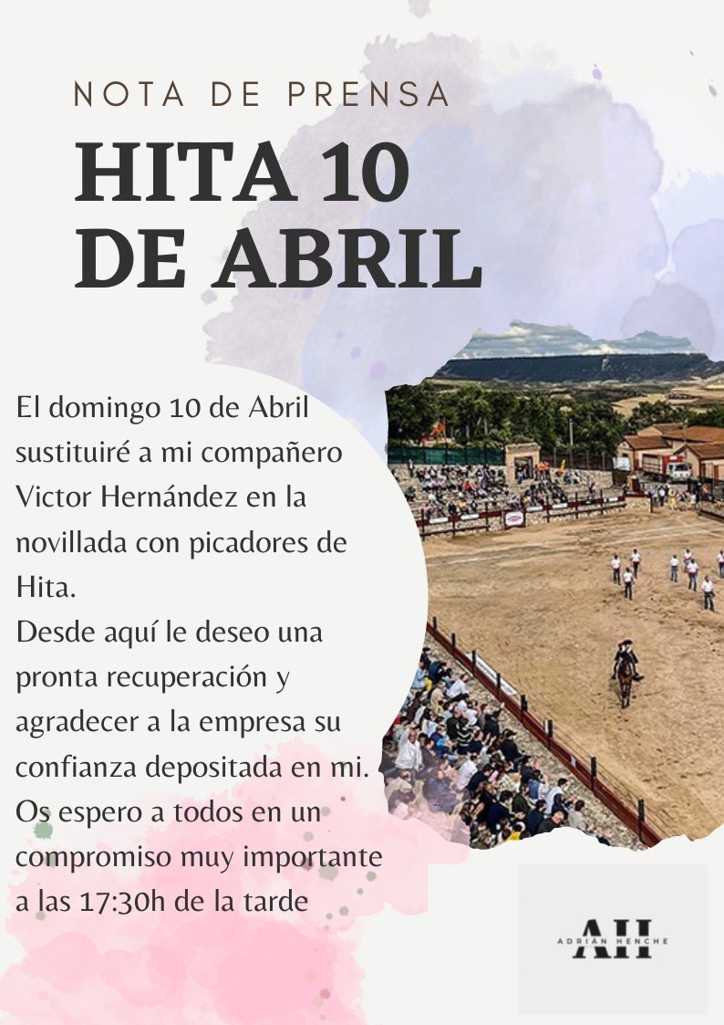 adrianhenche1's tweet photo. Ayer me comunicaron que debido a la lesión de mi compañero Victor Hernández, toreo la sustitución en Hita el domingo 10
Os espero a todos!! #Temporada2022 #AH https://t.co/DRxxLsNcfd