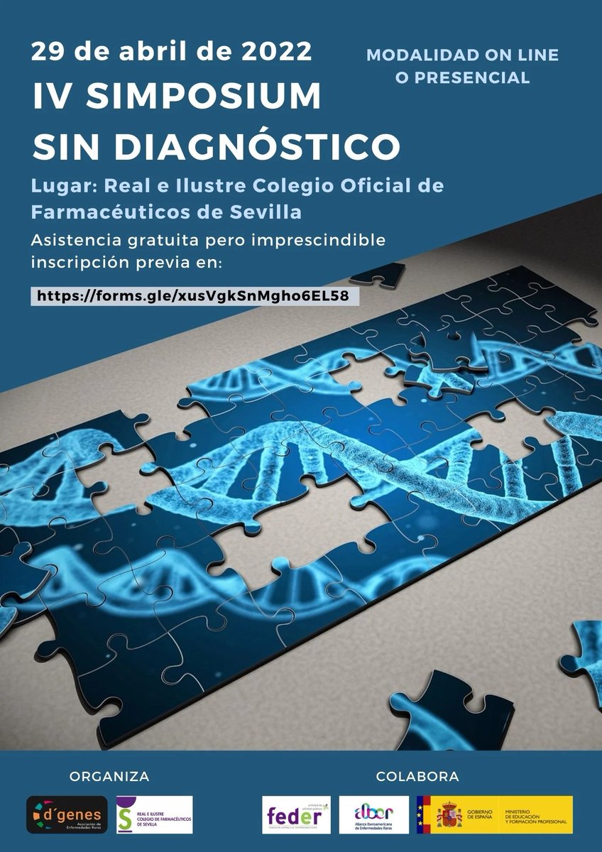 <a href="/dgenesmurcia/">D'Genes Asoc. de ER</a> y el <a href="/COF_Sevilla/">COF Sevilla</a> organizan el IV Simposium Sin diagnóstico el próximo 29 de abril en #Sevilla
dgenes.es/dgenes-y-el-re…