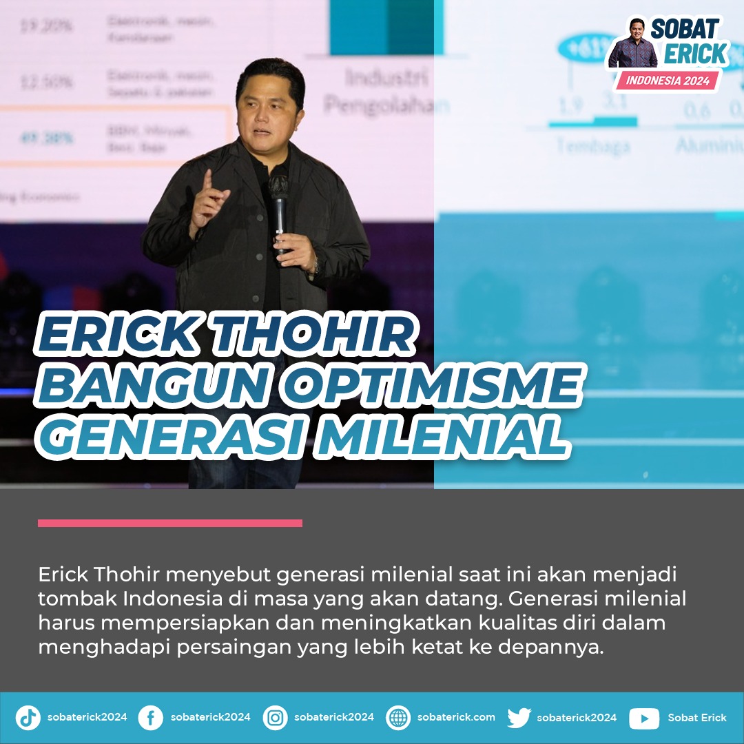 Erick Thohir menegaskan bahwa generasi milenial akan menjadi tombak Indonesia dimasa depan. Untuk itu, harus siap dan tingkatkan kualitas.
#sobaterick #erickthohir
