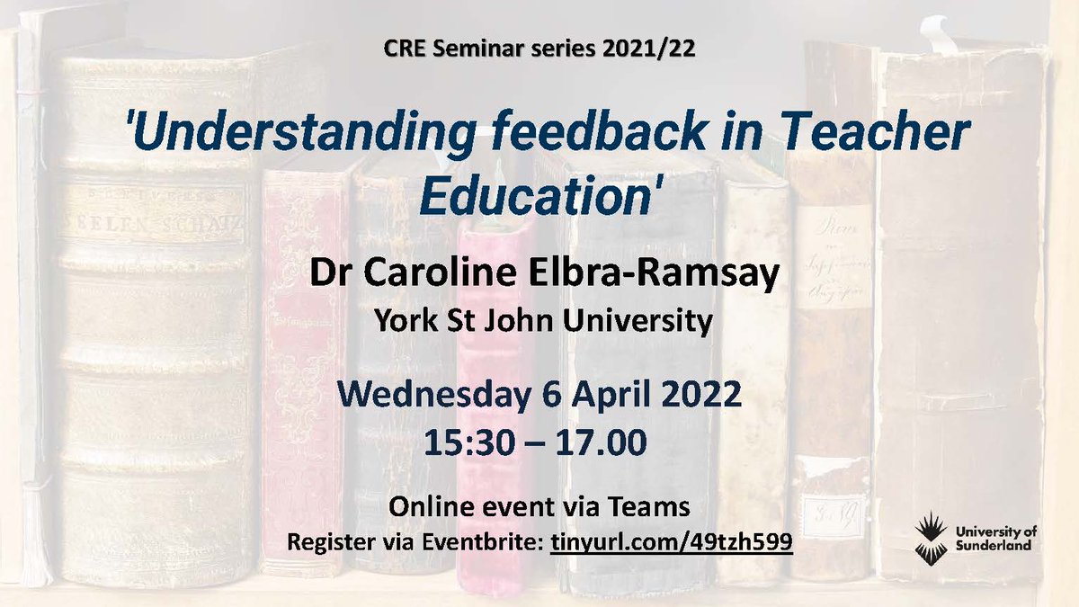 UoS Research (@uosresearch) on Twitter photo TODAY!
CRE Seminar Series
Come and join Dr Caroline Elbra-Ramsay online at 3.30pm - 5pm
<a href="/DuffyKate1/">Dr. Kate Duffy</a> <a href="/sunderlanduni/">University of Sunderland</a> <a href="/ncuc_research/">NCUC Research</a> <a href="/CASS180661/">CASS University of Sunderland</a> <a href="/UoSSocSciences/">Sunderland Social Sciences</a> <a href="/UosCre/">Centre for Research in Education</a> @UOSMICE <a href="/celbraramsay/">Dr Caroline Elbra-Ramsay</a> <a href="/YorkStJohn/">York St John University</a>
Register via Eventbrite tinyurl.com/49tzh599 TODAY!
CRE Seminar Series
Come and join Dr Caroline Elbra-Ramsay online at 3.30pm - 5pm
<a href="/DuffyKate1/">Dr. Kate Duffy</a> <a href="/sunderlanduni/">University of Sunderland</a> <a href="/ncuc_research/">NCUC Research</a> <a href="/CASS180661/">CASS University of Sunderland</a> <a href="/UoSSocSciences/">Sunderland Social Sciences</a> <a href="/UosCre/">Centre for Research in Education</a> @UOSMICE <a href="/celbraramsay/">Dr Caroline Elbra-Ramsay</a> <a href="/YorkStJohn/">York St John University</a>
Register via Eventbrite tinyurl.com/49tzh599