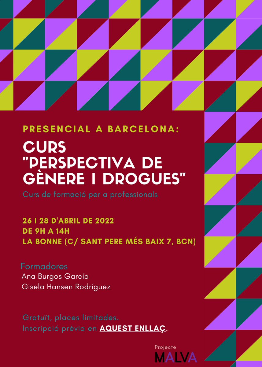 Malva_FSYC's tweet photo. [FORMACIÓN] Minihilo con información de los dos próximos cursos presenciales para profesionales sobre #generoydrogas que organizamos desde @Malva_FSYC de @fundsalcom financiados por @PNSDgob: 

🔸BARCELONA: 26 y 28 abril
🔸MADRID: 4, 5 y 6 mayo

¡Gratuitos y con plazas limitadas! https://t.co/zPTcLkYdPx