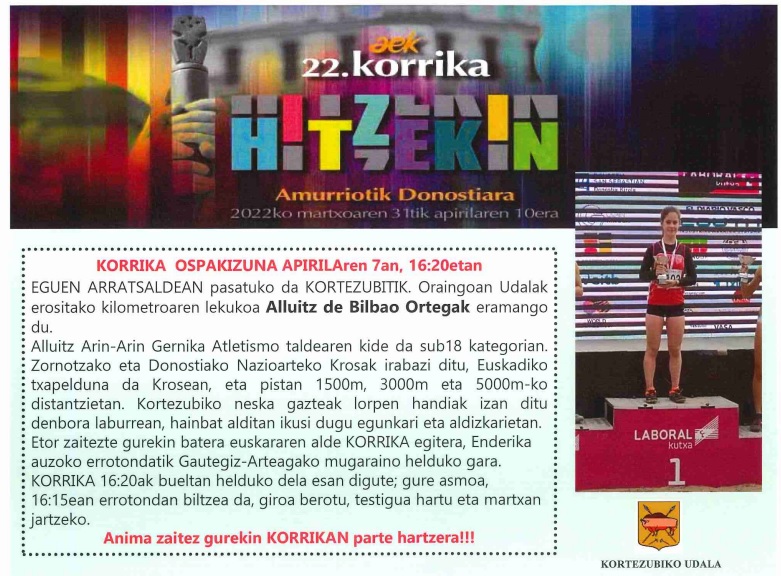 kortezubizi's tweet photo. 📢𝕂𝕆ℝℝ𝕀𝕂𝔸 badator!!! 𝑲𝒐𝒓𝒕𝒆𝒛𝒖𝒃𝒊𝒏 prest gagoz! 
"Euskara #hitzekin, eta geure herrian ahoan eta bihotzean be. Kortezubitarrok geure hizkuntza bizi egiten dogu, horregatik gugaz batera, #Korrika-n parte hartzera gonbidatzen zaituegu guztioi" Karmele Enbeita, alkatea https://t.co/FiFz8338em