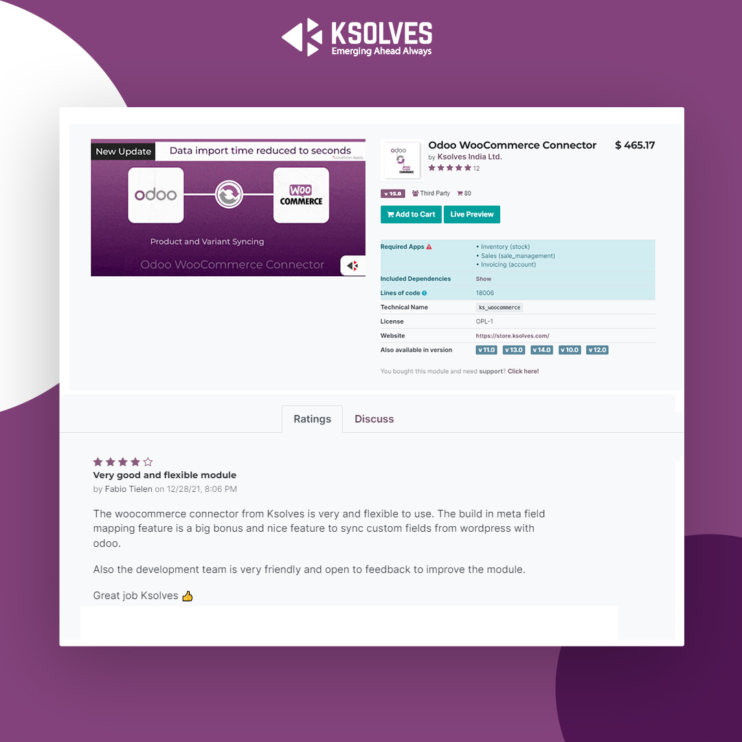 _Ksolves's tweet photo. Always encouraging to have such amazing #reviews. This time it's for our #odoowoocommerceconnector.  Visit #odooappstore to explore more.
https://t.co/vb6KoZAUFf
https://t.co/W9QTTD9M7W

@_Ksolves @Odoo #odoo #odooapps #CustomerFeedback #CustomerReview #ksolves #ksolvesstore https://t.co/93m2wK4SHd