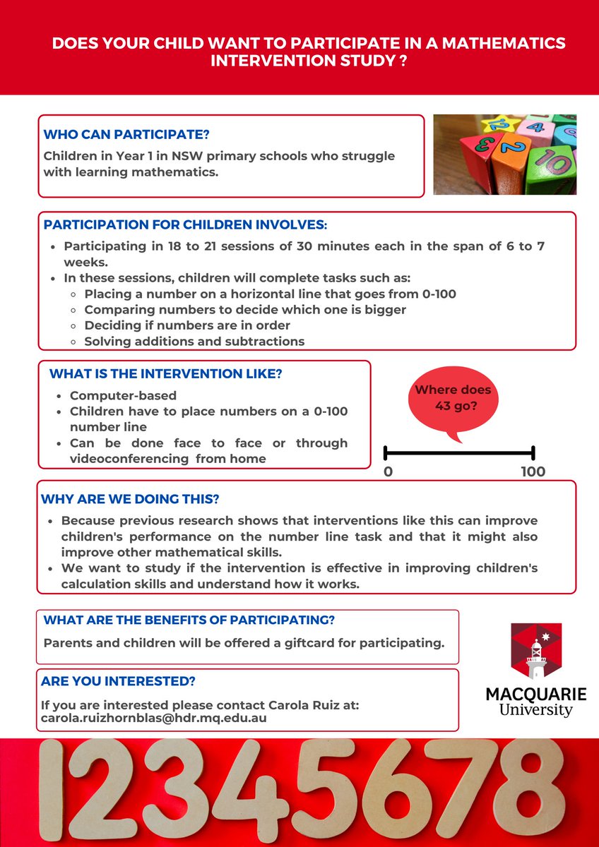 Carola Ruiz (@carolaruizh) on Twitter photo Do you live in NSW and have a child in Year 1 who is struggling with maths?
Please consider if your child would be willing to participate in a maths intervention conducted as part of my Ph.D. at <a href="/MQEducation/">MQEducation</a>
Contact me if you have any questions
Please share with others. Thanks! Do you live in NSW and have a child in Year 1 who is struggling with maths?
Please consider if your child would be willing to participate in a maths intervention conducted as part of my Ph.D. at <a href="/MQEducation/">MQEducation</a>
Contact me if you have any questions
Please share with others. Thanks!