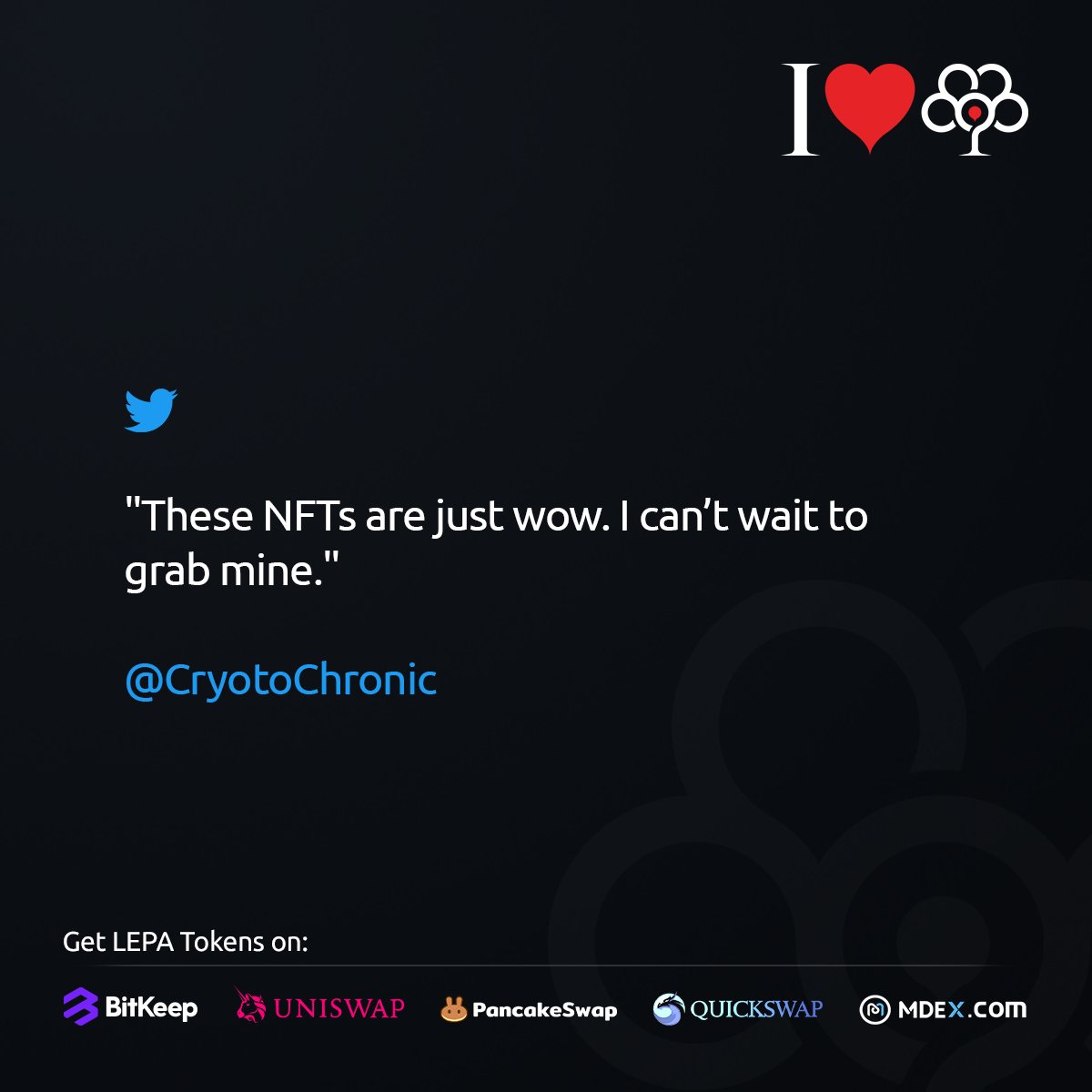 Lepasaorg's tweet photo. "These NFTs are just wow. I can’t wait to grab mine."
@CryotoChronic 

#Lepasa ❤️ You

#lepa #lepatoken #NFT #NextGenNFTs #Lepaverse #NFTCommunity #NFTProject https://t.co/krqtlMv1u6