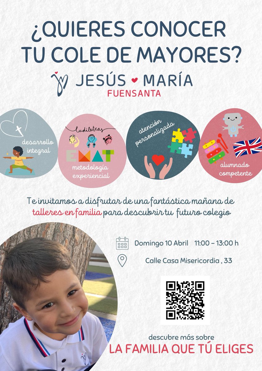 JMFuensanta's tweet photo. ¿Quieres conocer tu futuro cole?
🎒🏫
Este domingo 10 de abril, a las 11 horas, jornada de puertas abiertas. 

Disfruta de una fantástica mañana y descubre "la familia que t�� eliges" 🧒👧👨‍🏫👩‍🏫

Entrada por C/ Casa Misericordia, 33. 📌

¡Nos vemos el domingo! 
#SomosJM https://t.co/ViCNpcVE3G
