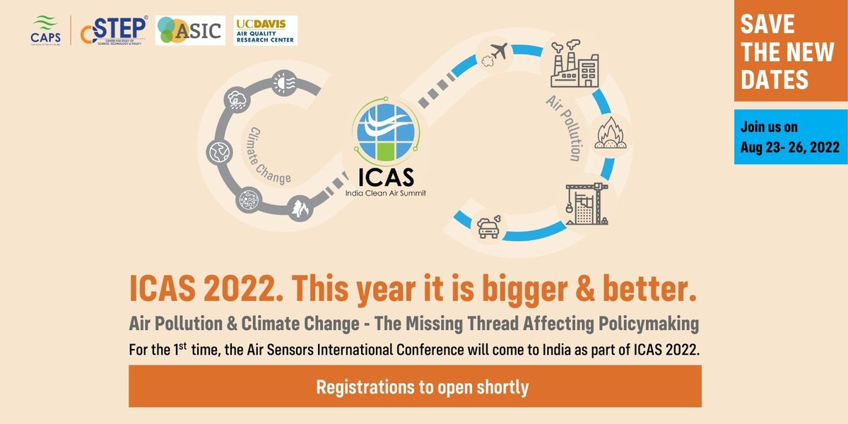CSTEP_India's tweet photo. One of #India's biggest events on #AirPollution - the India #CleanAir Summit (#ICAS2022) - is back this year in a hybrid mode. For the first time, the #AirSensors International Conference will be held in India as part of #ICAS.
Dates: Aug 23-26.
#ASICindia #CleanAir https://t.co/GHIioLxBXS