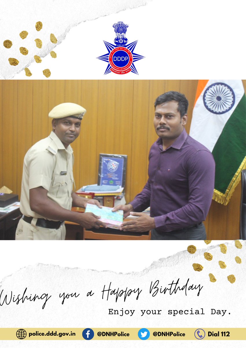 Birthday greeting from Hon'ble SP DNH Sh Hareshwar Swami to our Police Jawan. 
1) DPC Vicky K Patel
2) HG Pravin B Dadhav

#JanRakshanaySadevTatpar

@HareshwarSwami 
@SiddharthaSJain