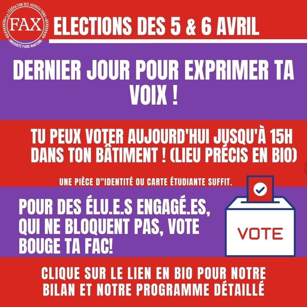 Dernier jour pour voter et exprimer ta voix ! Vote bouge ta fac avec tes assos jusqu'à 15h avec ta carte étudiante ou une pièce d'identité !

Retrouve ton bureau de vote et notre programme ici : linktr.ee/FAX_elections