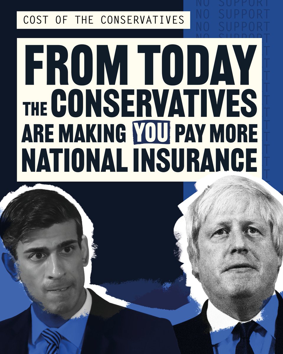 UKLabour's tweet photo. Today: Rishi Sunak is hiking your National Insurance payments.
 
The Conservatives have done this at the worst possible time - while energy bills and petrol prices are soaring. 
 
Vote Labour on Thursday 5 May for a party that is on your side. https://t.co/eXrAyS1gHT