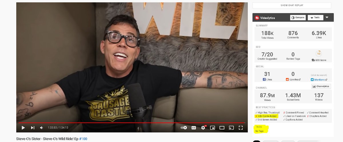 just finished watching <a href="/steveo/">Steve-O</a> new podcast episode... but Steve, if you ever see this man. Please add some tags to the video so that it becomes more visible in YouTube's algorithm so that more people can see this amazing show. I think it's a very worthwhile podcast. Check it out.