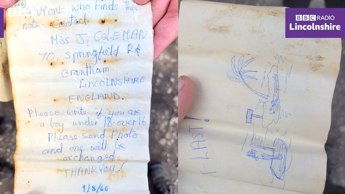 BBCRadioLincs's tweet photo. A message in a bottle has been discovered 56 years after it was sent! 😲 @seandunderdale reunited Tracey from @BartonRivercare, who made the discovery, &amp; Jennifer, who wrote the message (&amp; now lives in Australia! 🇦🇺)
Listen on @BBCSounds ➡️ https://t.co/jjMKdK6nVj https://t.co/YVm7uxm9tu