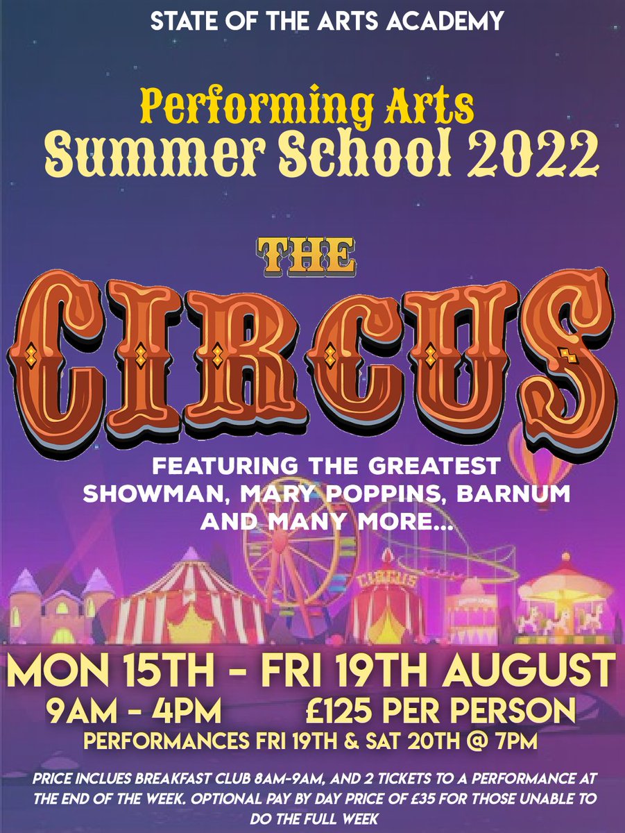 StateArtsHull's tweet photo. SUMMER SCHOOL - The Circus! Aimed at 5-16yr olds.
£125 per person:
☆ Breakfast club (8am - 9am).
☆ Workshops (9am - 4pm).
☆ 2x Tickets for either Fri 19th or Sat 20th's show.
Daily rate of £35.
Siblings discount available.
Message for details and book your place 🎭🦁 https://t.co/U4VIJmBGyS
