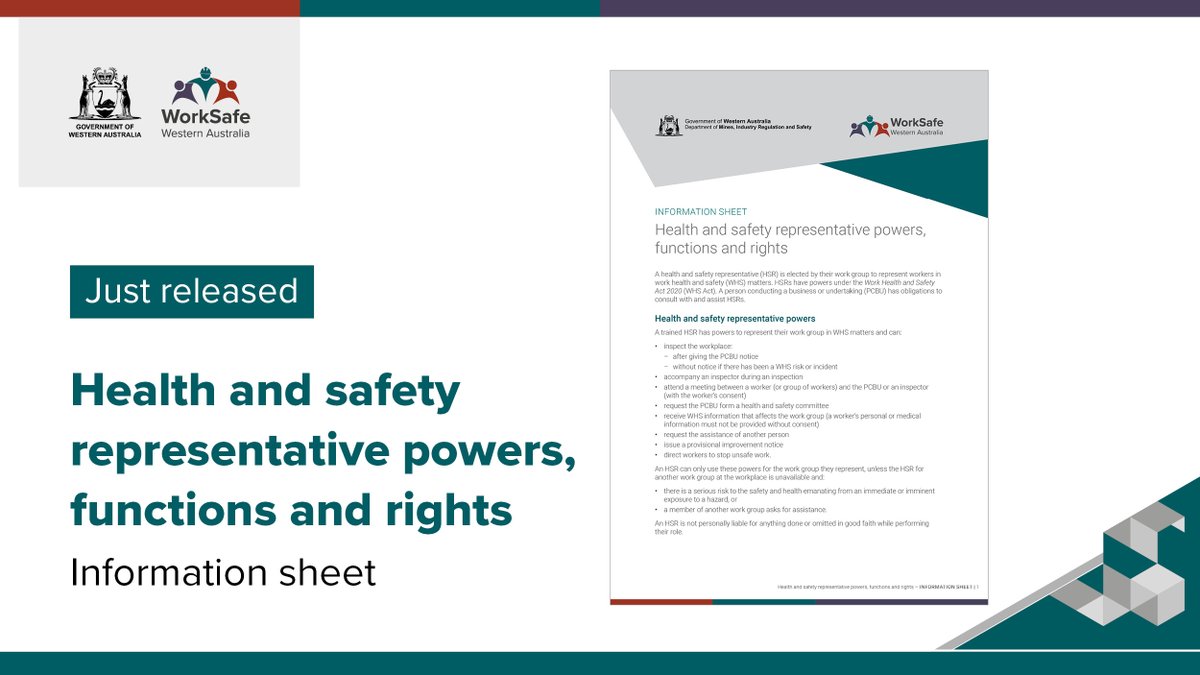 WorkSafeWA's tweet photo. A new information sheet has been released to help health and safety representatives (#HSR) understand their powers, rights and functions under the #WHS Act. 
Read more online  📄https://t.co/Un7q25D6YD https://t.co/6VssaPq6WC