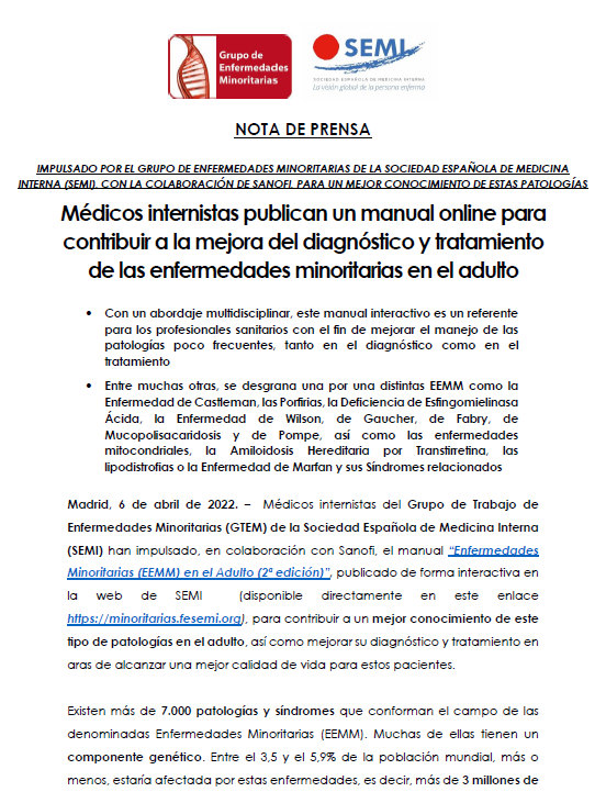 Sociedad_SEMI's tweet photo. 📢#NotaPrensa | "Internistas de @GTEMinoritarias publican un manual online para contribuir a la mejora del diagnóstico y tratamiento de las enf. minoritarias en el adulto"
🔗NP https://t.co/8gaqsH39Xl
💻Manual https://t.co/bn0wE8D3Bf
🎞️Vídeo https://t.co/237VeUKlSi
#SEMITuit 1/2 https://t.co/DLFsH59aJu
