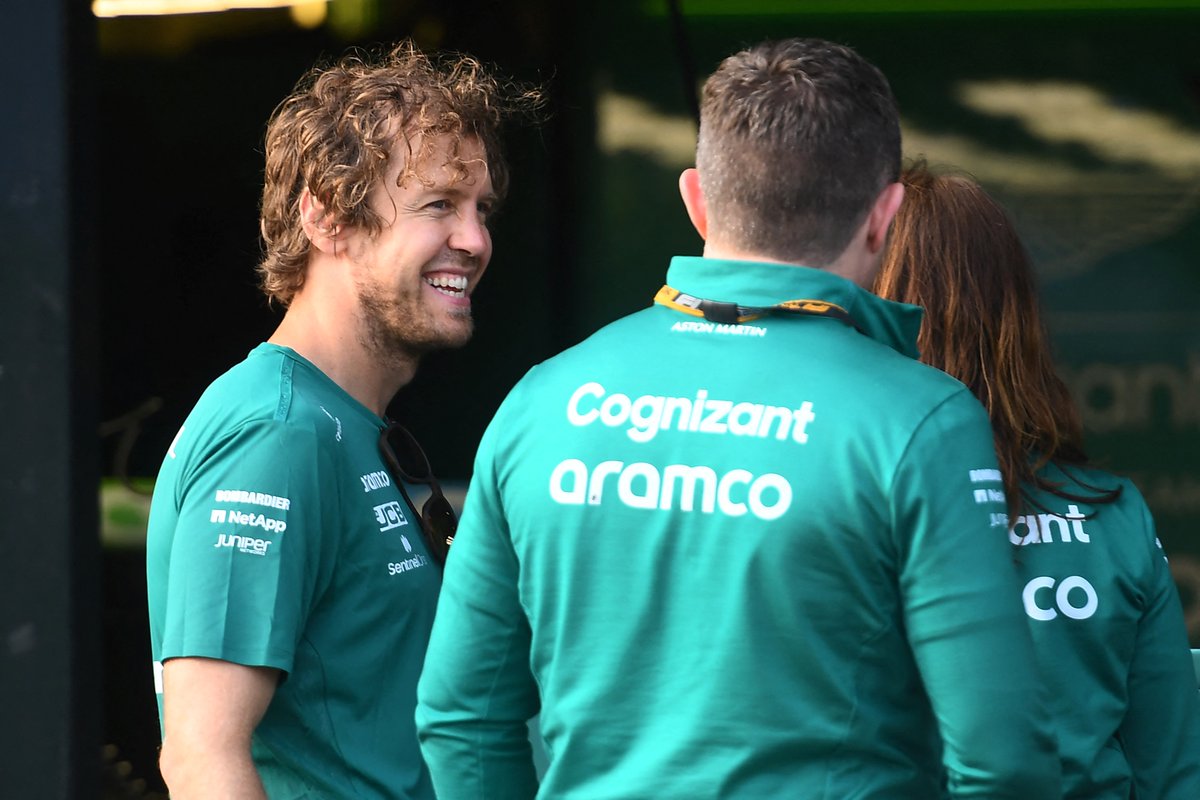 F1's tweet photo. HE'S BACK! 🤩

We missed you Seb 💚 Welcome back buddy! 

#AusGP #F1 @AstonMartinF1 https://t.co/1N7W50NtJo