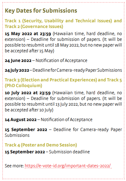 Keep an eye on the 15th of May! 🎯🎯🎯
The Submissions deadlines come closer!
We are waiting for you 👈 and expect outstanding contributions to this year's #eVoteID 2022 excellence conference for electronic voting in Schloss Hofen, Bregenz.

bit.ly/3DO8cvY (CfP download)