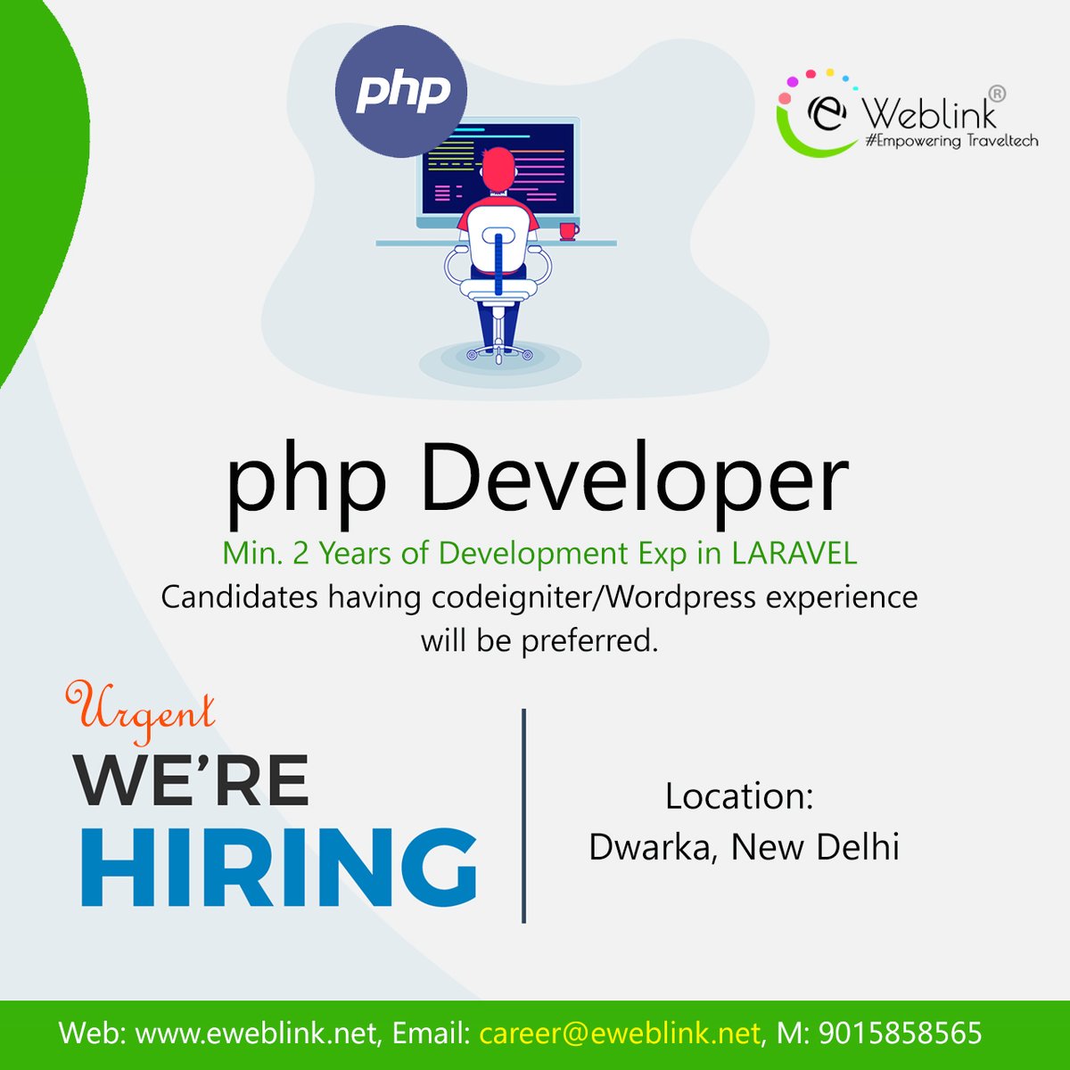 eWeblinkindia's tweet image. Job description
eWeblink Technology is URGENT hiring an experienced PHP Laravel Developer.
Write back-end code and build efficient PHP/Laravel modules.
#hiringphpdeveloper #phpdeveloper #hiring #eweblink #Laravel #laraveldeveloper #PHPdevelopmentcompany