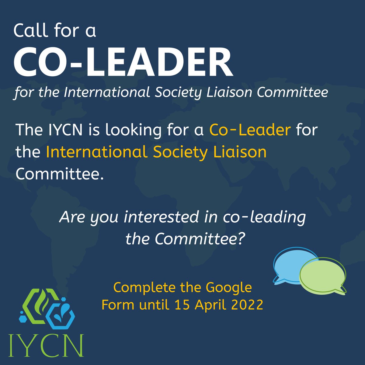 📢We're looking for a Co-Leader for our International Society Liaison Committee . This Committee serves as a bridge between the IYCN and other international societies. Are you interested? 
📆Complete the following application before April 15th: bit.ly/3NPAjzq