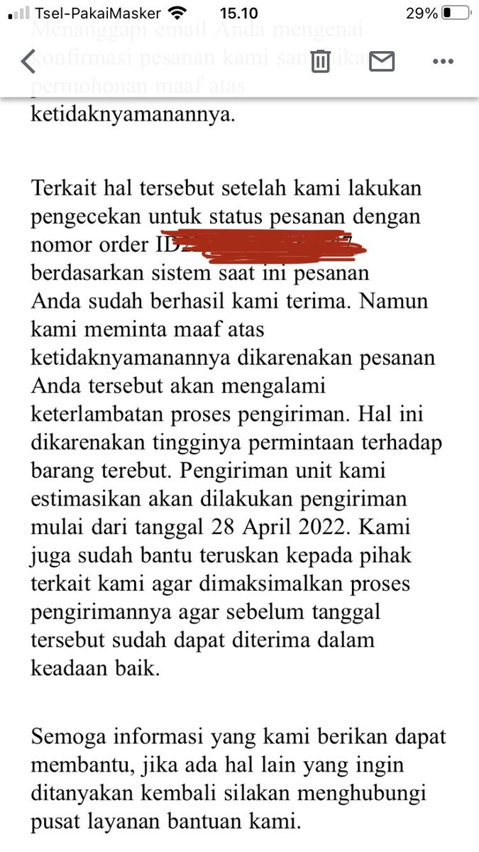 calebignatius's tweet photo. Pesanan yang udah dibayar tangal 18 MARET, sampe sekarang belum dikirim dan dikabarinnya kalo barang bakal dikirim 28 APRIL, gile ga tuuuu 🥲 https://t.co/e2rPI0Vn16
