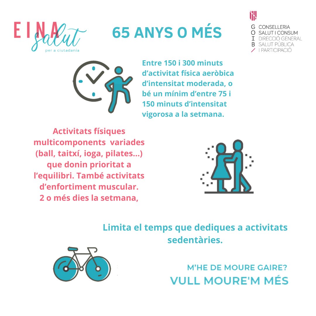 👇Consells per fer activitat física per a les persones majors de 6⃣5⃣ anys👇

#EinaSalut
#DiaMundialActivitatFísica