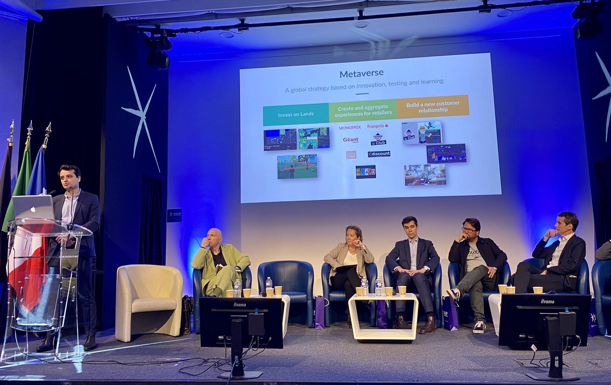 SpindlerJ's tweet photo. « Notre mission est de démocratiser l’accès au #Metaverse pour nos clients » Guillaume Lescure @Groupe_Casino témoigne à l’événement @BearingPoint_FR @ESCP_bs @TheSandboxGame @decentraland #NFT #blockchain #token #Crypto https://t.co/rKxuxtG6mL