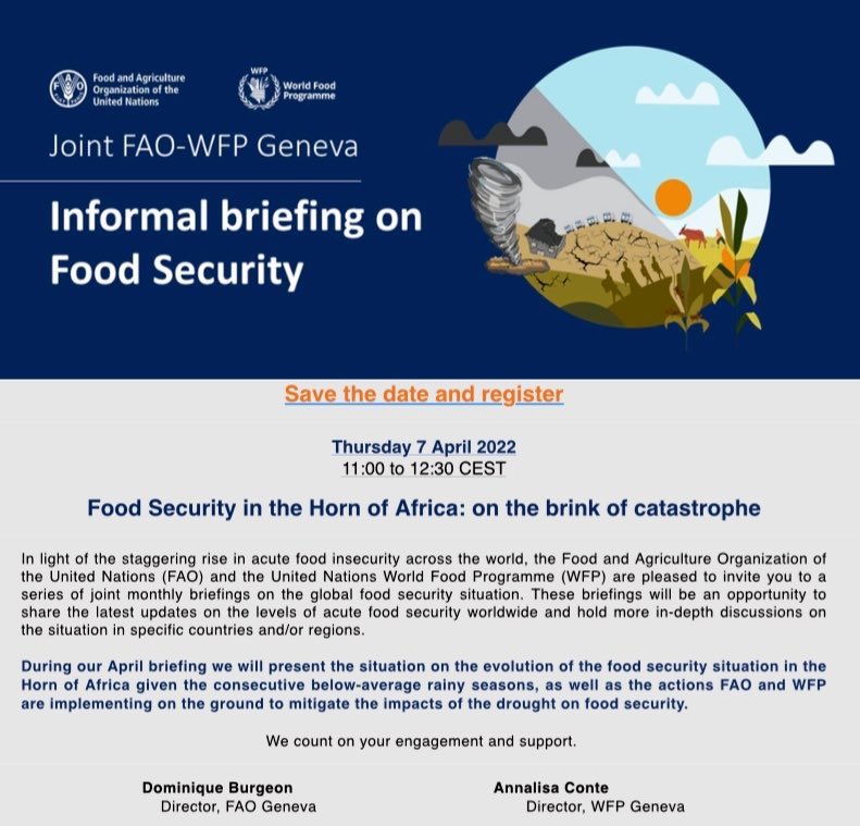 🔴 FSNWG Drought Alert: mailchi.mp/222654598b55/f… - Food Security in the Horn of Africa: on the brink of catastrophe- Tomorrow FAO WFP informal briefing on food security fao.zoom.us/webinar/regist…