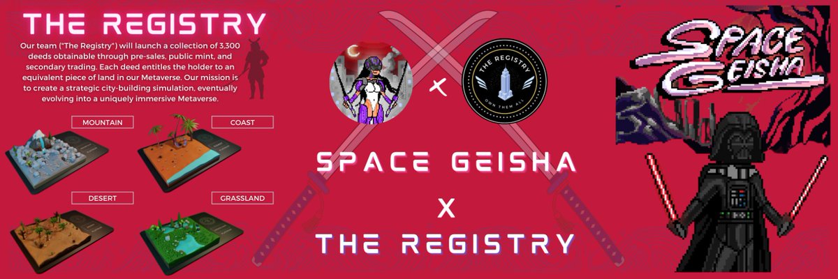 TheRegistryNFT's tweet photo. 🔥The Registry X Space Geisha🔥

🎁5 x The Registry WL
🎁5 x Space Geisha WL

To Enter🏆

1️⃣Follow @TheRegistryNFT &amp; @SpaceGeishaNFT
2⃣Like &amp; RT
3⃣Tag 3 friends https://t.co/0CD1IwwyKR