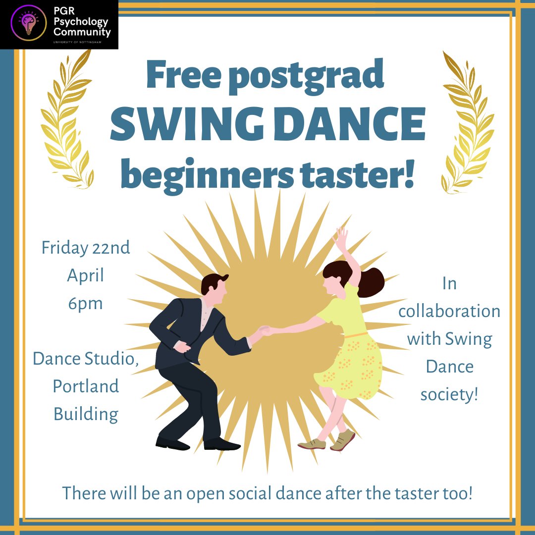 💃 Free postgrad SWING DANCE taster in collaboration with Swing Dance Society! 💃

When: Friday 22nd April, 6pm
Where: Dance Studio, Portland Building
There will also be a social dance after the taster!

More info: fb.me/e/2vr9hHb3J
