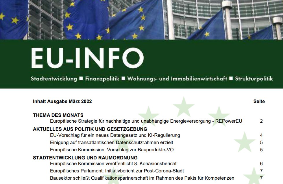DV_Stadt's tweet photo. Die neue Ausgabe des #EUInfo 🇪🇺 ist online! https://t.co/U99uUenhkY Thema des Monats: Europäische Strategie für nachhaltige und unabhängige Energieversorgung - #REPowerEU. Weitere Beiträge u.a. zu 8. Kohäsionsbericht & Neues Europäisches Bauhaus - Festival im Juni 2022. https://t.co/LE0ucMjzQR