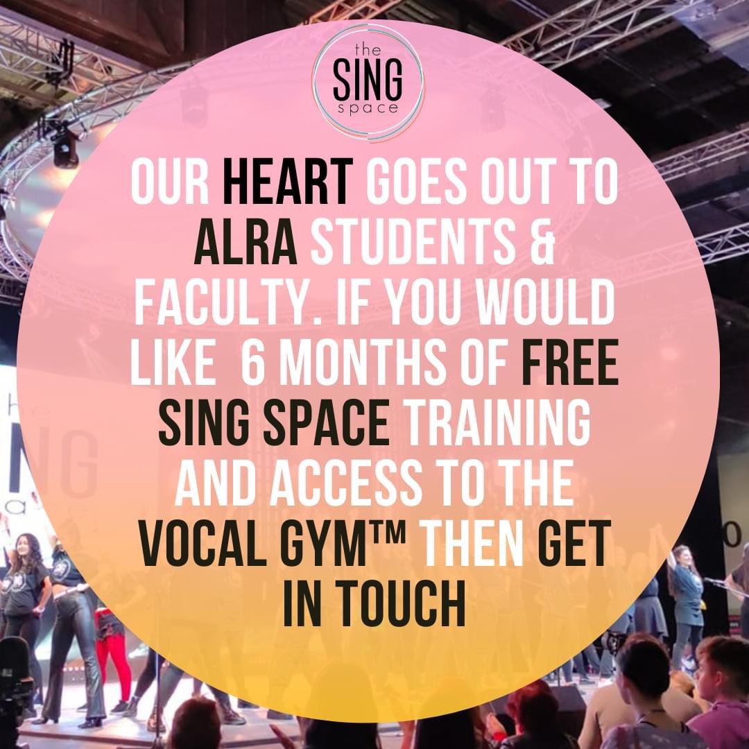 Please share

We are sadden by the news of ALRA's sudden closure and would like offer anyone affected free access to Sing Space for six months

email enquires@thesingspace.com we'll send you a free code to access daily online classes in singing technique, audition prep &amp; mindset
