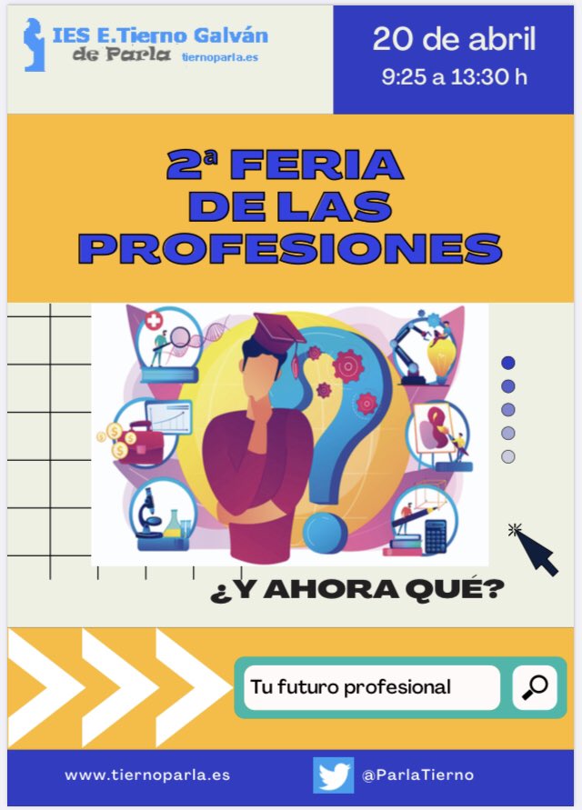 iestiernoparla's tweet photo. No te pierdas la #FeriaDeLasProfesiones. El 20 de abril nos visitan profesionales de diferentes ámbitos para compartir con nuestros alumnos de 3°ESO, Bachillerato y 2°Fp Básica sus experiencias académicas y profesionales.
#Orientación https://t.co/kqLMT63Qoz