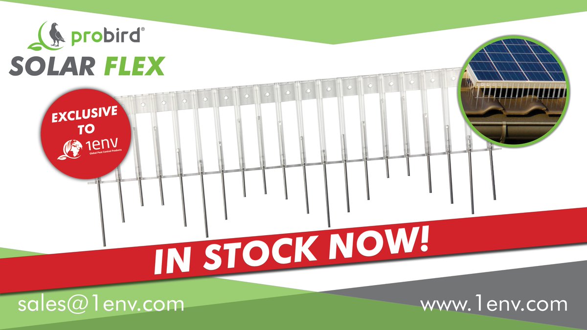 1envsolutions's tweet photo. The brand new and exclusive ProBird Solar Flex is in stock now!

These unique and innovative solar panel proofing spikes are perfect for the job!

Check out the Solar Flex online now:
https://t.co/nLY9bPHLYZ

#pestcontrol #birdcontrol #birds #solarpanel #birdmanagement https://t.co/jjze22Mb0U