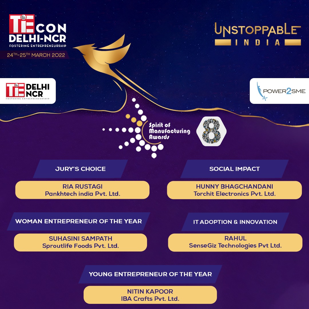 The 8th Spirit of Manufacturing Awards powered by 
<a href="/power2sme/">Power2SME</a>  &amp; TiE Delhi-NCR puts a spotlight on the innovative ventures in the #manufacturing domain in India. 
Congratulating the winners across 5 categories! 
Read More: bit.ly/3JkVFRS