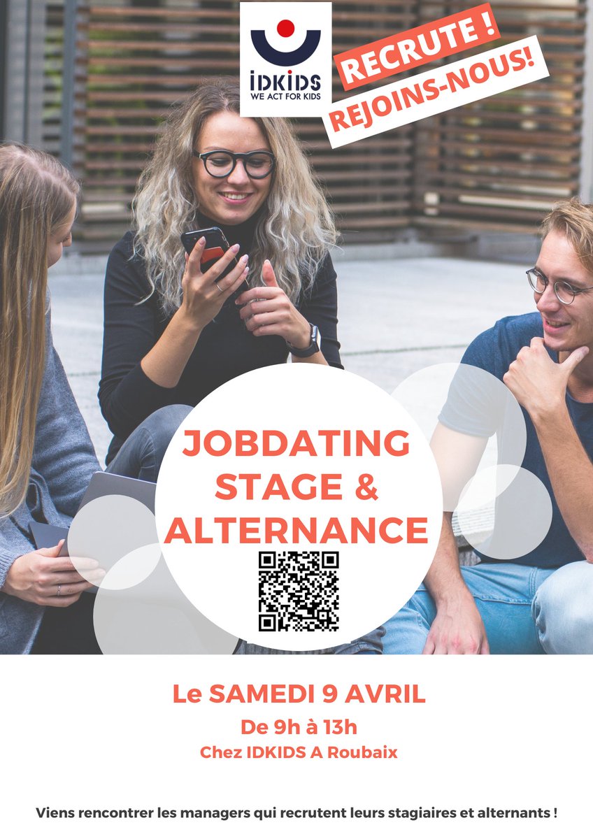 IDKIDS organise un #Jobdating pour #Stage et #Alternance ce 𝘀𝗮𝗺𝗲𝗱𝗶 𝟵 𝗔𝘃𝗿𝗶𝗹.

💥 Attention, ils pré-selectionnent les candidats par téléphone pour leur donner rendez-vous samedi matin. 

La 1️⃣ étape est donc de postuler en ligne.
Toutes les annonces sur le QR Code !