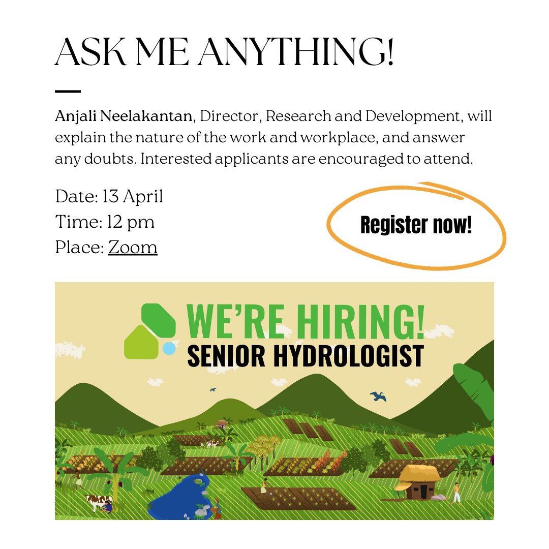 #CSEI is #hiring a Senior #Hydrologist to work with the R&amp;D team. @_anjalimanu will host a webinar to take participants through the JD and workplace, before fielding questions from potential applicants. 

Register now: bit.ly/3JdAqRC

Apply here: bit.ly/SHydro