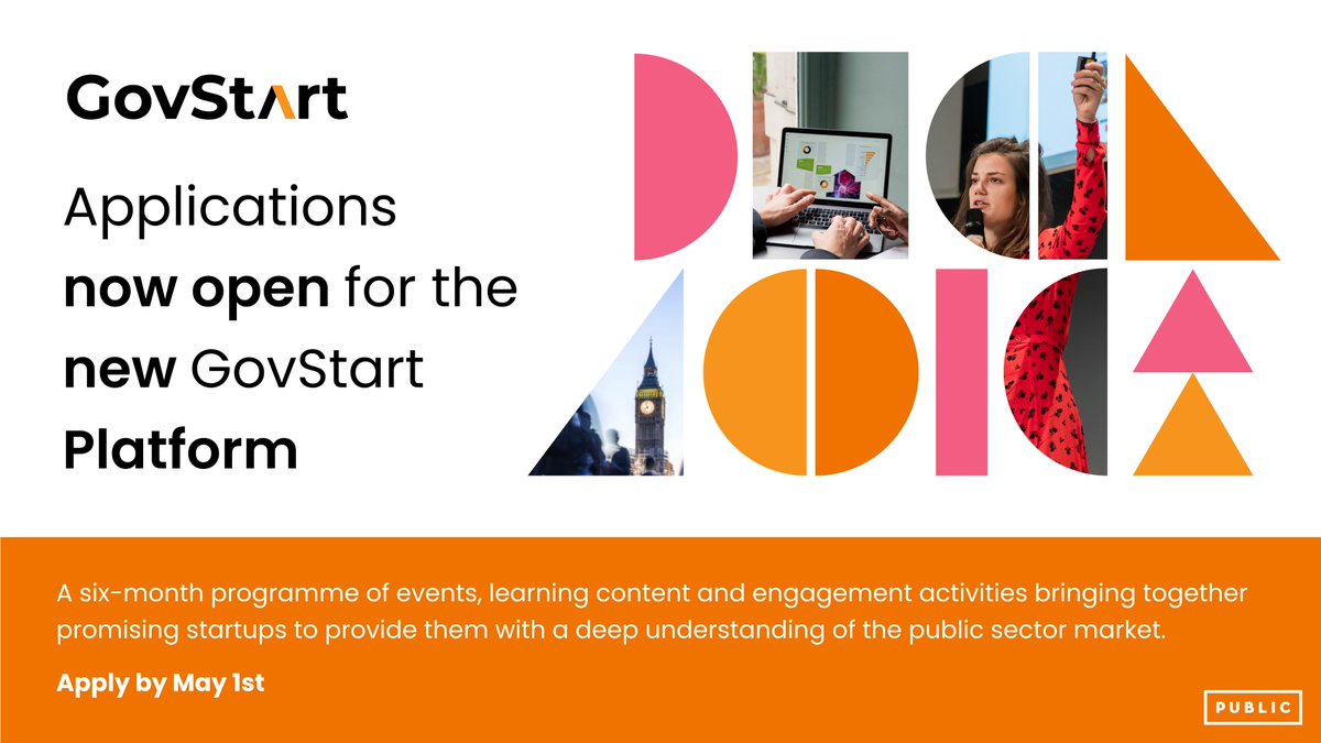 📢 #GovStart is back! 📢 

TODAY applications open for the new #GovStart: a free to use community &amp; engagement platform designed to provide #startups with the vital knowledge and network needed to scale across the public sector. 

Apply by May 1st 🚀 public.io/helping-you-sc…