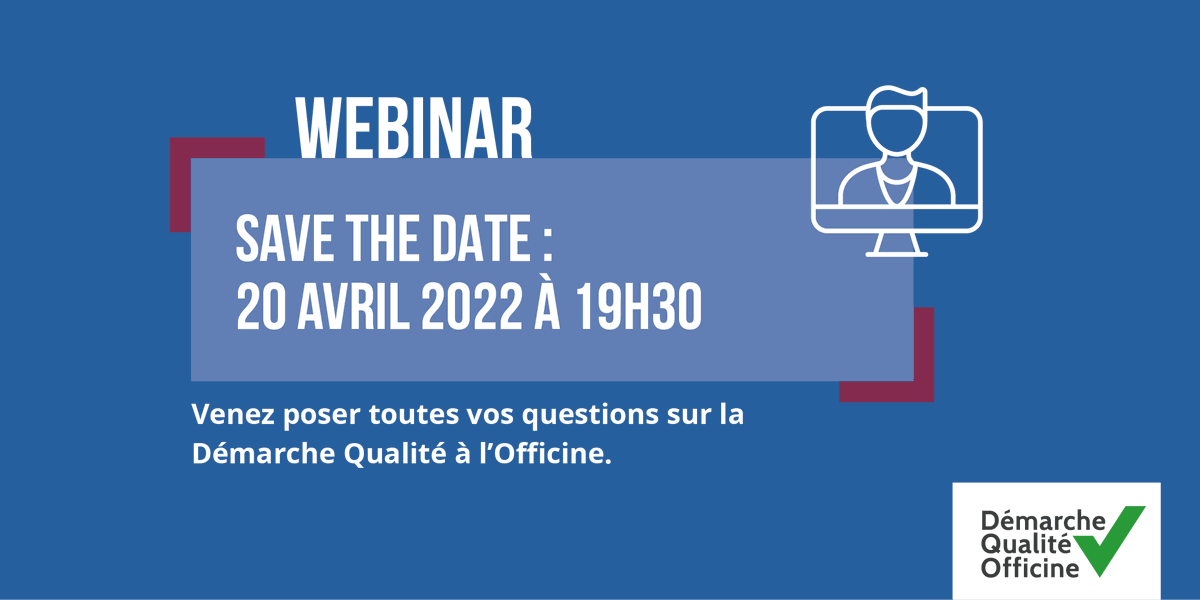 [Webinar] Save the date! Des membres du Haut Comité Qualité répondront à toutes vos questions sur la Démarche Qualité à l'Officine en visio le 20 avril dès 19h30.
Intéressés ? Le lien de connexion sera partagé quelques jours avant la session sur le site
👉 demarchequaliteofficine.fr