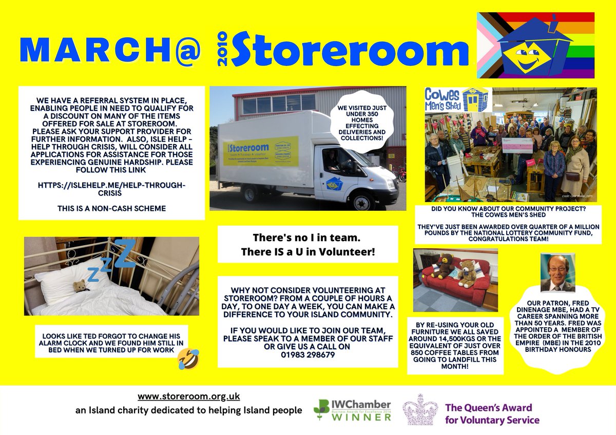 Storeroom2010's tweet photo. March 2022

Here is your monthly roundup of how we all helped in March

300 Volunteer Hours Worked!

Around 1,200 Items Sold and over 700 Donated!

14,500kgs saved from landfill! (Around 300 average Sofas!)

Thank you to our wonderful #IOW community!

#ReuseRules https://t.co/qpFikTVSoq
