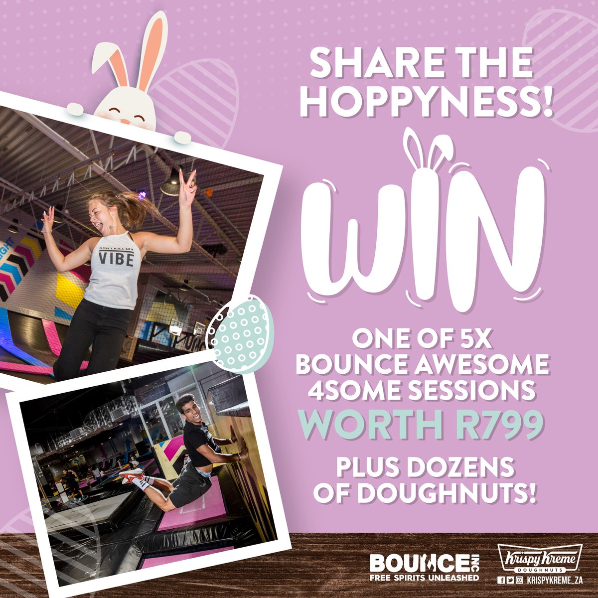 KrispyKreme_ZA's tweet photo. Want to share the hoppyness with your closest friends and family?

We’re collaborating with BOUNCE to give away 5x BOUNCE Awesome 4some sessions worth R799 each – which includes a 2-hour session of jumping for a group of 4 people, PLUS a dozen Original Glazed®doughnuts! https://t.co/JuUh4MB4ky