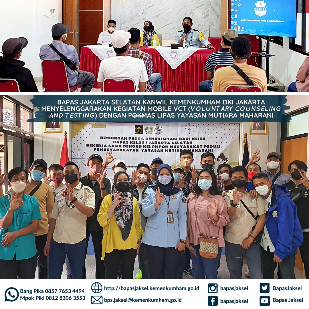 BapasJaksel's tweet photo. Hola Sohib Pika dan Piki

Bapas Jakarta Selatan Kanwil Kemenkumham DKI Jakarta menyelenggarakan kegiatan Mobile VCT bersama Pokmas Lipas Yayasan Mutiara Maharani.

IG: https://t.co/UbXncrzwhI
FB: https://t.co/Qpb8EJLNcy

@Kemenkumham_RI
@DITJEN_PAS
@kanwilkumhamdki
@rbkunwas https://t.co/WX5Bem6WLs