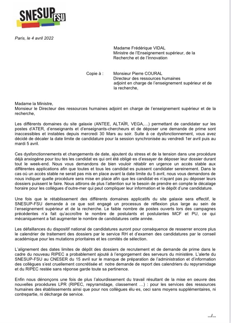 SnesupFsu's tweet photo. Depuis jeudi le @SnesupFsu a interpellé plsrs fois le ministère, lui a écrit lundi et a rappelé hier en #CTMESR la nécessité qu’aucun-e candidat-e ne fasse les frais des dysfonctionnements de #Galaxie. Il y restera très attentif.
#Recrutement #RIPEC
https://t.co/EhNAGIKqtj https://t.co/HURdqljEap