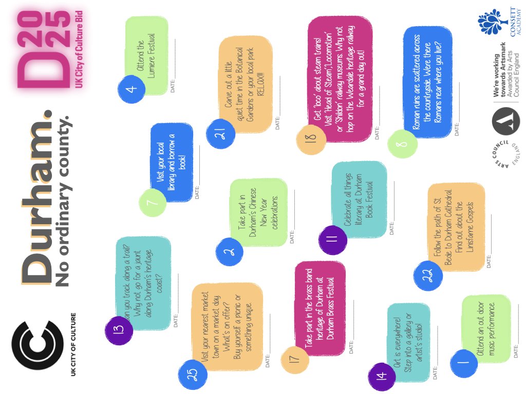 Consett Academy Arts (@artsconsett) on Twitter photo We've been thinking about our wonderful #Durham2025 City of Culture. We've made a '25 Things to Do before 2025' and we'd love to share it with you! @Durham_2025 <a href="/ThisisDurham/">This is Durham</a> <a href="/TrustDurham/">Durham Music</a> #culture #creativity #music #performingarts #Durham We've been thinking about our wonderful #Durham2025 City of Culture. We've made a '25 Things to Do before 2025' and we'd love to share it with you! @Durham_2025 <a href="/ThisisDurham/">This is Durham</a> <a href="/TrustDurham/">Durham Music</a> #culture #creativity #music #performingarts #Durham