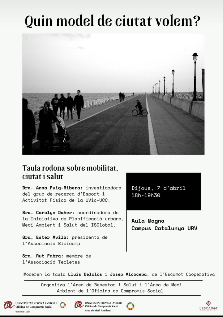 escamotcoop's tweet photo. "Quin model de ciutat volem?"
Ara més que mai cal fer-nos aquesta pregunta. Recordeu q demà ens podeu acompanyar a parlar sobre #salut als nostres barris i ciutats, de mobilitat i usos de l'espai públic per infants i adults.
@universitatURV, @ISGLOBALorg
@Tecletes @bicicamp https://t.co/c4QLfzpION