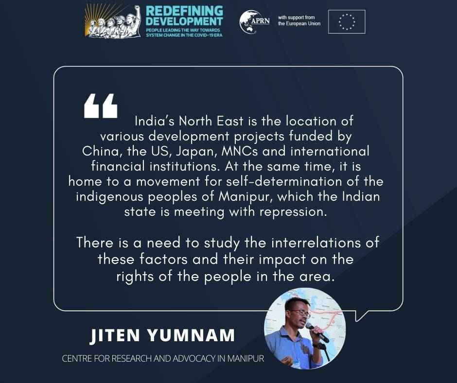 APR_net's tweet photo. On the third day of the #APRNBiennial, Jiten Yumnam of the Centre for Research and Advocacy in Manipur presented a research proposal on the conflict dynamics, development cooperation, and implications for peace and security in India’s North East region.
#RedefiningDevelopment https://t.co/8yNYKztA59