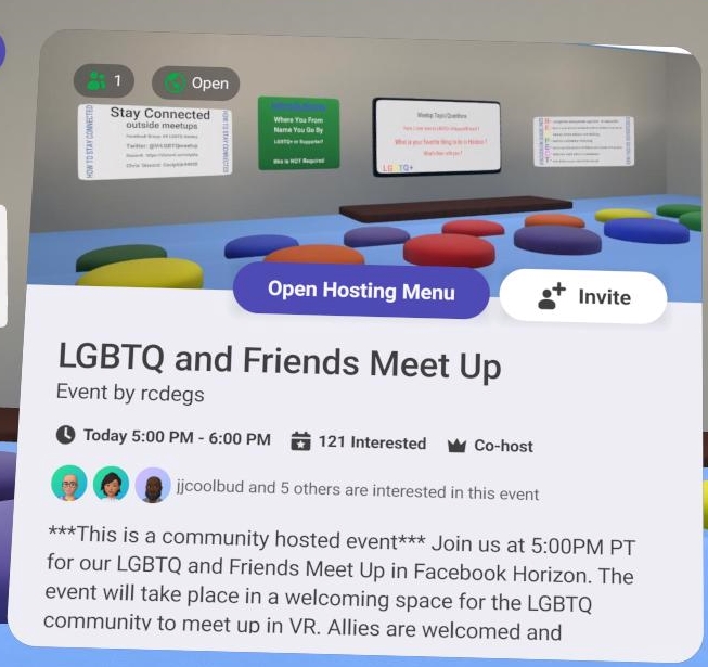 Join us Wednesdays <a href="/Vrlgbtqmeetup/">VR LGBTQ Meet up</a> in <a href="/altspacevr/">AltspaceVR</a> AltVR Early Meetup -12:00 PM account.altvr.com/events/1973887… and our  Late Meetup - 6:00 PM account.altvr.com/events/1973887… and  come join us in Facebook Horizon Meetup -  5:00 PM