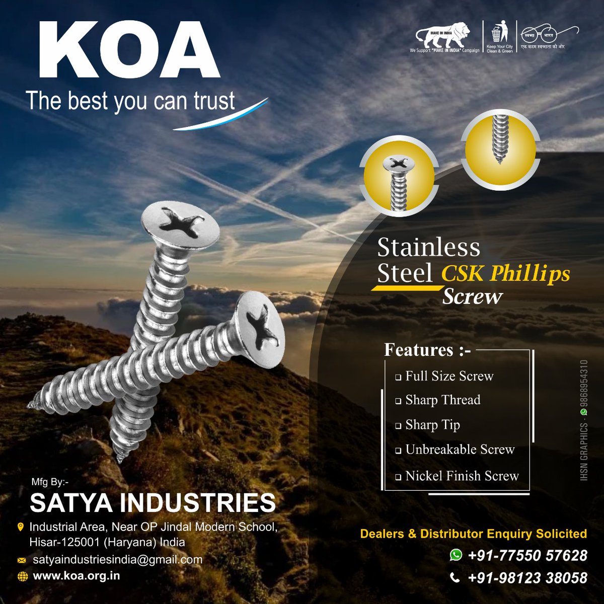 ihsndigital's tweet photo. "𝗞𝗢𝗔" Provide of Stainless Steel Screw with unique design and distinctive features.
#Koa #SatyaIndustries #Haryana #SSScrew #Screw #CSKSlotted #PhillipsScrew #PanSlottedScrew #ABType #BType #DrillPoint #MachineThread #CarriageBoldScrew https://t.co/6U6UExH44a