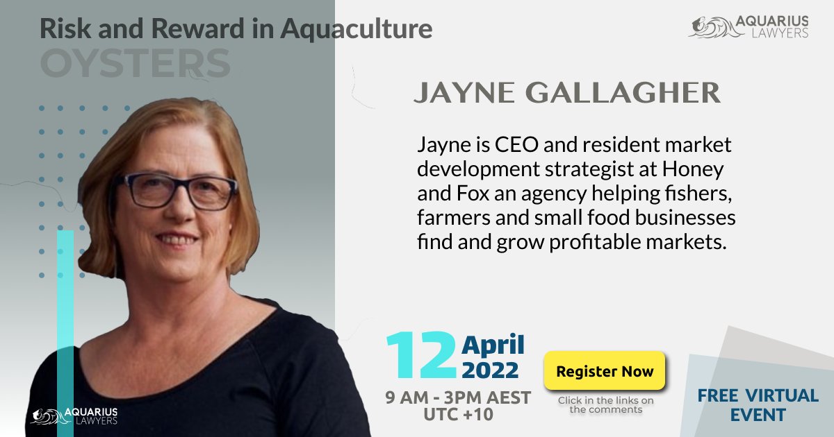 Introducing one of our speakers for the upcoming event, Risk and Reward #Aquaculture - #Oysters:

Jayne Gallagher: Founder &amp; CEO
Honey &amp; Fox Pty Ltd. 
To watch the Live event register here: cvent.me/Z1XXam?RefId=h… 
#oysterfarming #oystergrower #sustainableseafood #shellfish