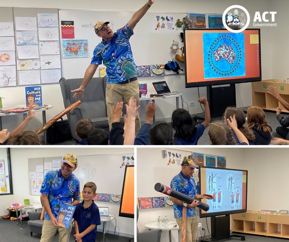 ACTEducation's tweet photo. This term Evelyn Scott School received a special visit from Indigenous artist, author and musician Gregg Dreise. Gregg delivered workshops for students from K to 6, sharing the diversity and history of Indigenous Australia! https://t.co/CFjufziJgE