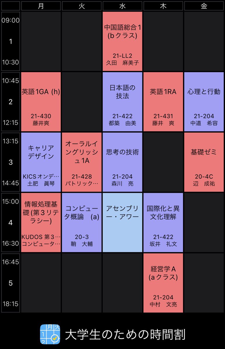 iconbashi's tweet photo. @fuckin_back0815 思ったより空きコマ多くできてむずかった！
なんとかオンデマンド授業でいい感じに埋めたけど笑
時間割こんな感じやけどなんか一緒の授業ある？ https://t.co/7YG8C5LN2t